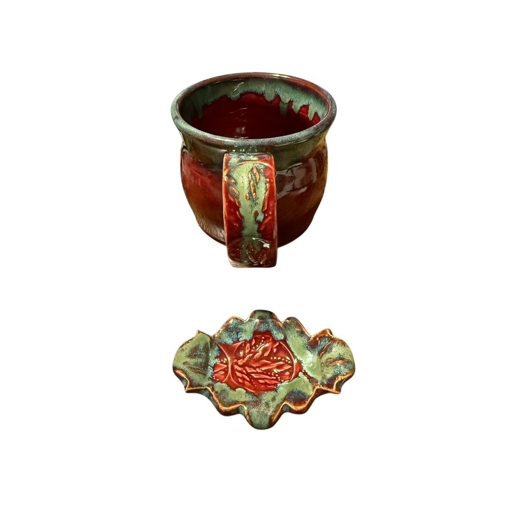 Handmade Pottery Art Mug‎ Deep Red & Green Signed Coffee Cup Unused W/ Rest